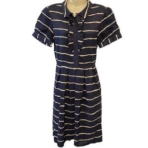 Kate Spade Short Sleeve 100% Silk Luxury Midi Shirt dress Navy White Striped Sz4